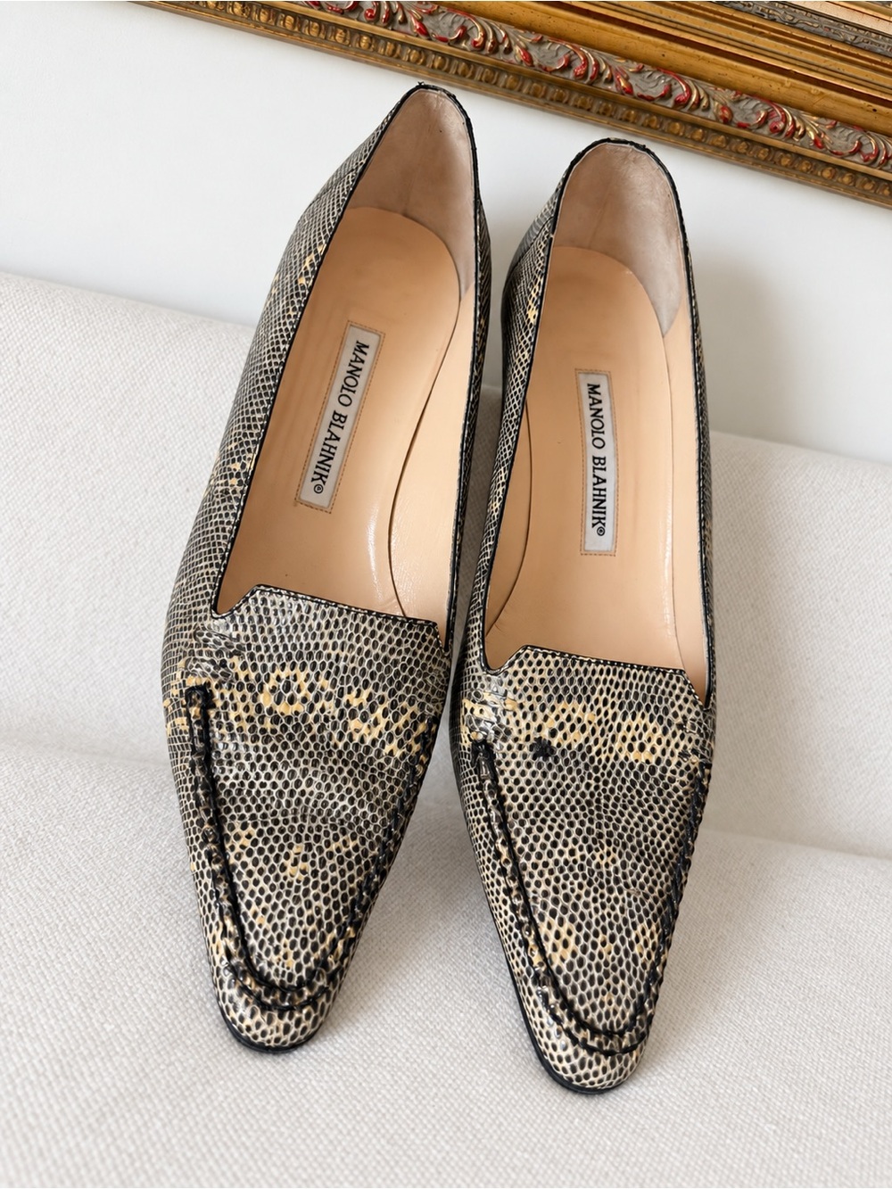 Manolo Blahnik Beige and Black Snake-Print Heels